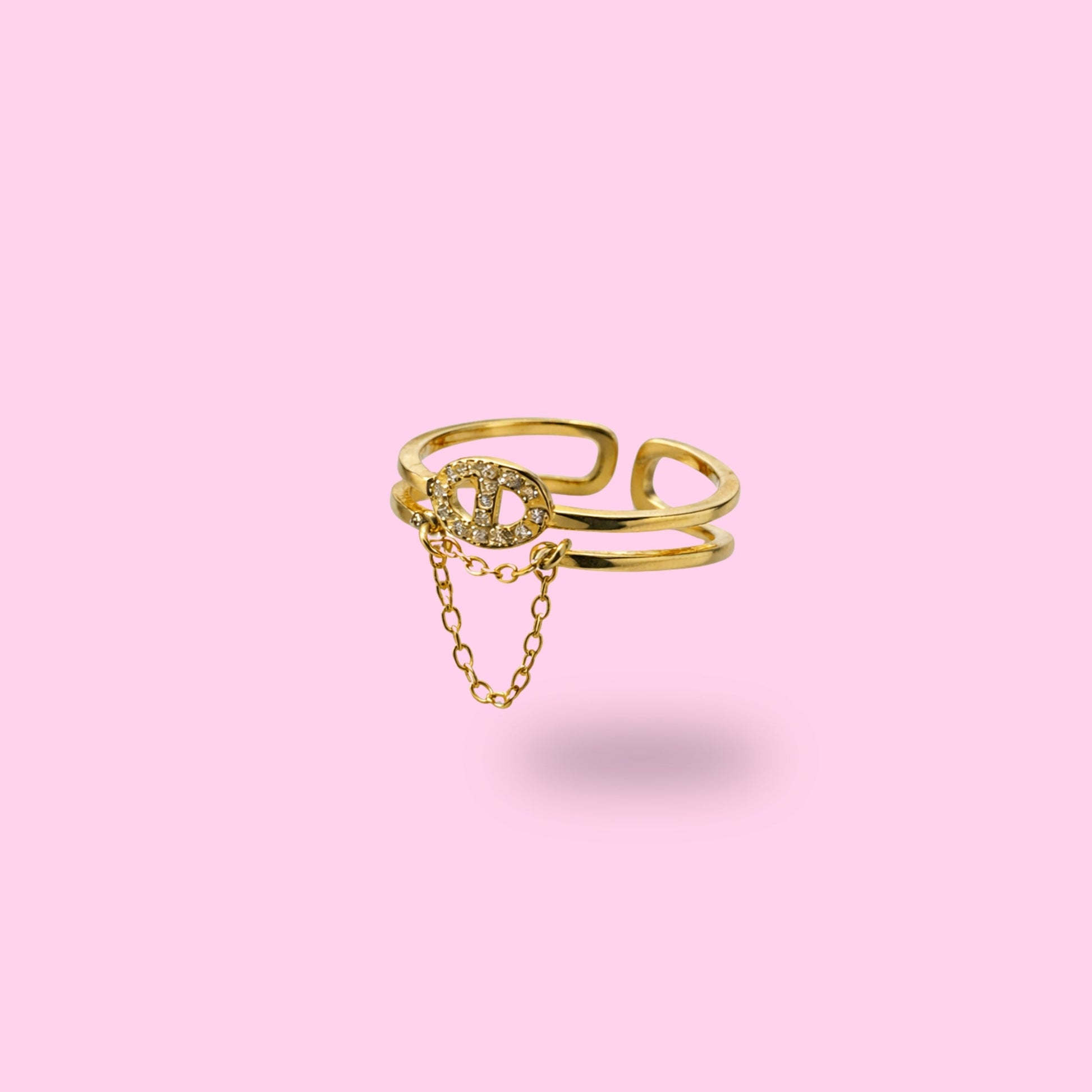 Bague doré en acier inoxydable avec chaîne et strass