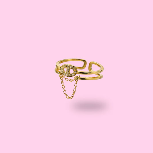 Bague doré en acier inoxydable avec chaîne et strass