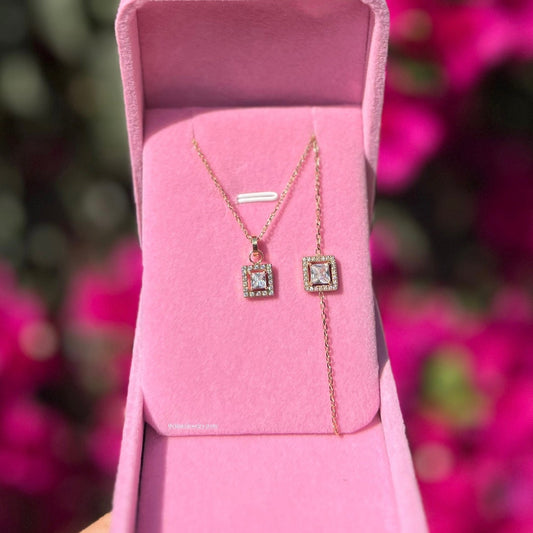 Ensemble Léora collier et bracelet carré serti de strass dans coffret rose Rimas